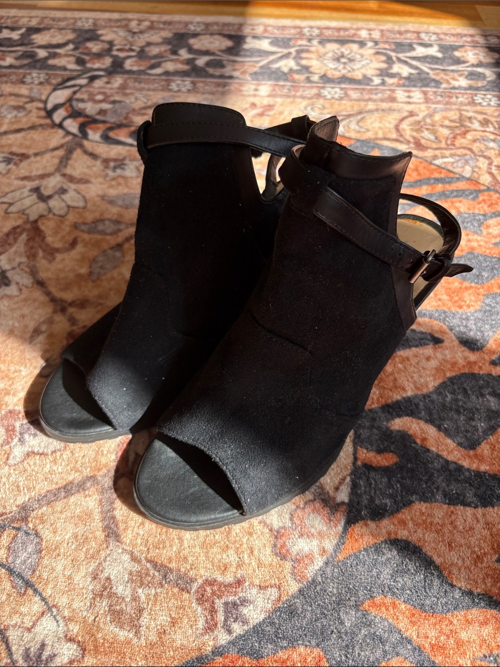 Madeline Black Suede Open-Toe Ankle Strap Heels
